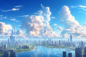 Generative AI some beautiful clouds above a city - Starpik Stock