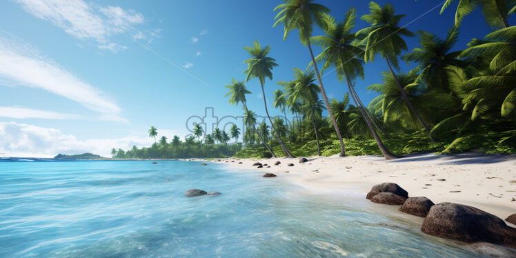 Generative AI the beach of a tropical island full of sand and palm trees - Starpik Stock