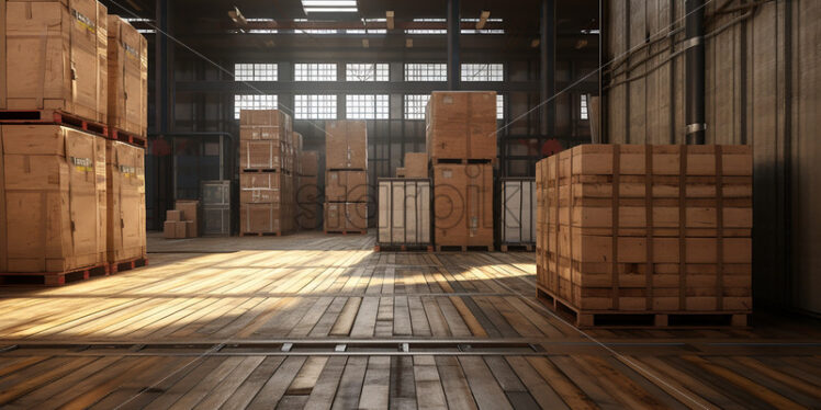 Generative AI the inside of a huge warehouse with many boxes - Starpik Stock