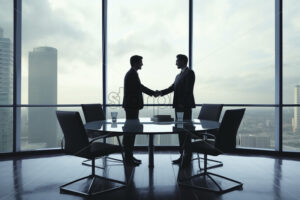 Generative AI two businessmen shaking hands against the background of a modern office - Starpik Stock