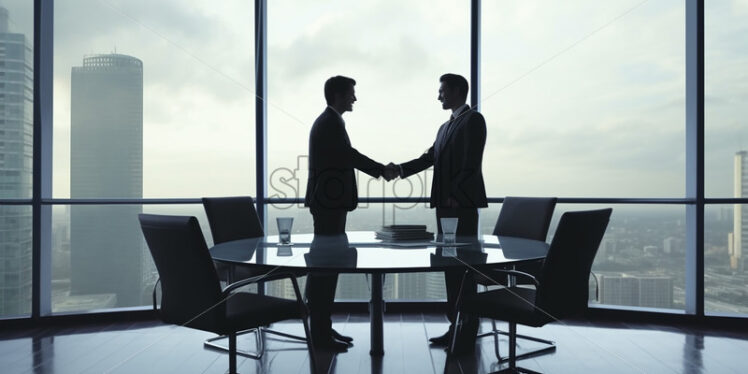 Generative AI two businessmen shaking hands against the background of a modern office - Starpik Stock