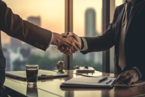Generative AI two businessmen shaking hands against the background of a modern office - Starpik Stock