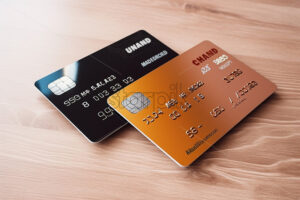 Generative AI two credit cards lying on the surface of a table - Starpik Stock