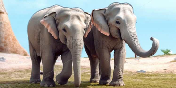 Generative AI two elephants walk through the savannah - Starpik Stock