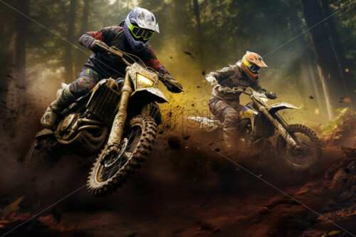 Generative AI two motorcyclists doing extreme sports with mopeds in the forest - Starpik Stock