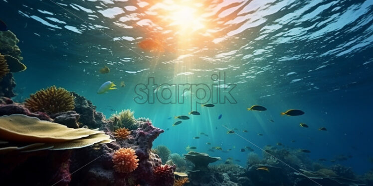 Generative AI underwater landscape with a coral reef - Starpik Stock