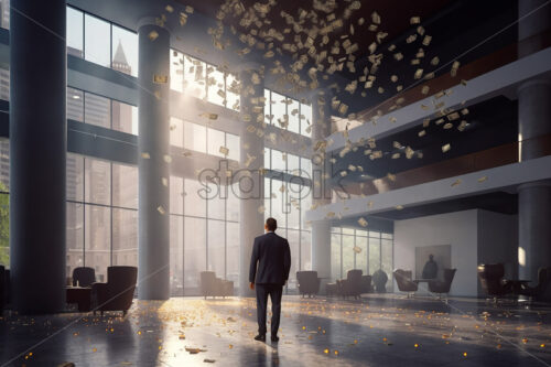 Generative AI which represent hundreds of coins falling from the sky in the office and in the foreground is a businessman - Starpik Stock