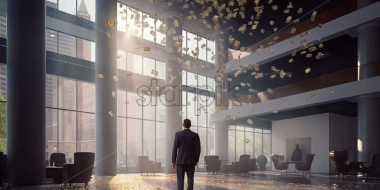 Generative AI which represent hundreds of coins falling from the sky in the office and in the foreground is a businessman - Starpik Stock