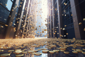 Generative AI which represent hundreds of coins falling from the sky next to two huge buildings - Starpik Stock