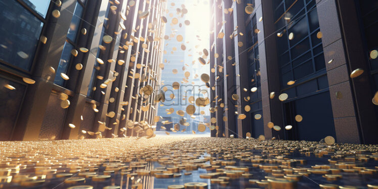 Generative AI which represent hundreds of coins falling from the sky next to two huge buildings - Starpik Stock