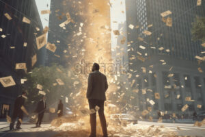 Generative AI which represent hundreds of coins falling from the sky next to two huge buildings and in the foreground is a businessman - Starpik Stock