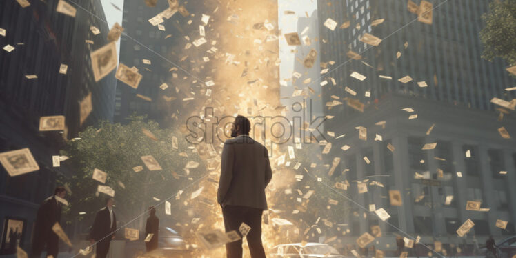 Generative AI which represent hundreds of coins falling from the sky next to two huge buildings and in the foreground is a businessman - Starpik Stock