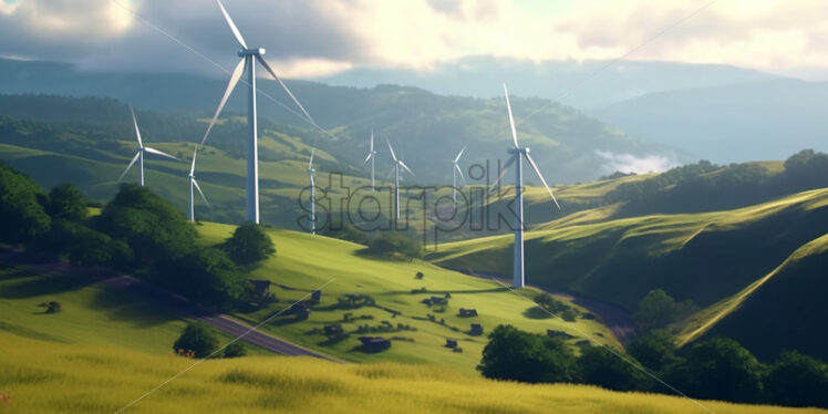 Generative AI wind turbines that are located on some hills and open a wonderful view - Starpik Stock