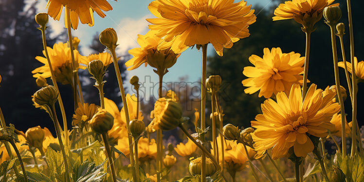 Generative AI yellow flowers in a field close up - Starpik Stock