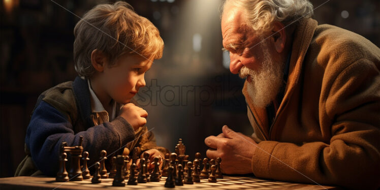 Grandfather and his grandson playing chess generated by AI - Starpik