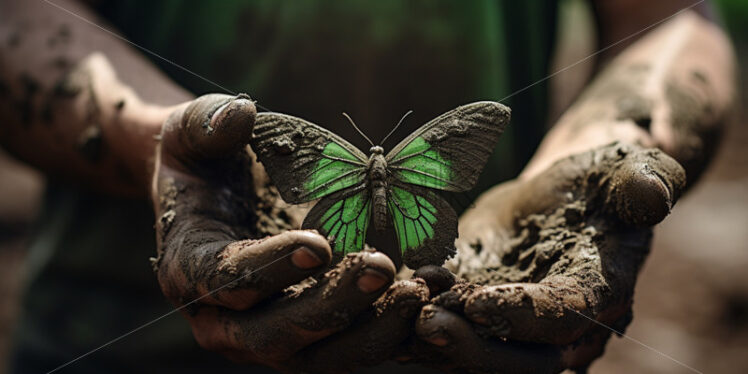 Green butterfly covered in mud, nature disasters - Starpik Stock