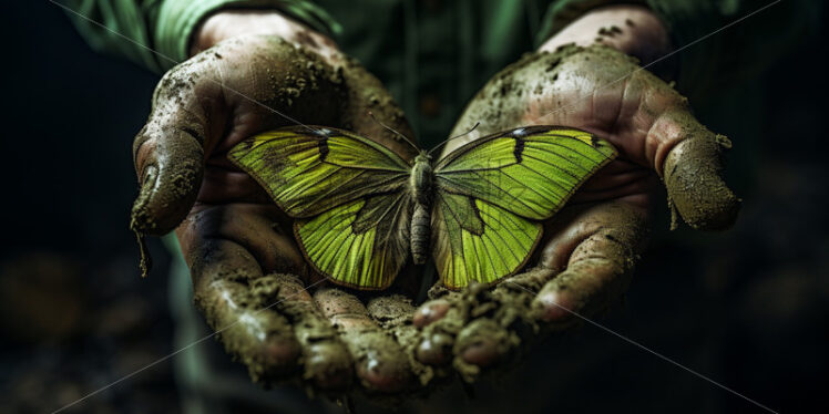 Green butterfly covered in mud, nature disasters - Starpik Stock