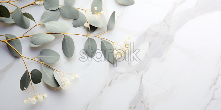 Green leaves on marble background card invitation - Starpik Stock