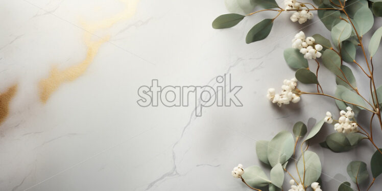 Green leaves on marble background card invitation - Starpik Stock