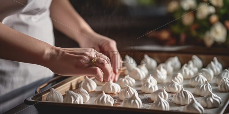 Hands cooking meringue cookies on a tray - Starpik Stock