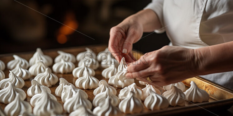 Hands cooking meringue cookies on a tray - Starpik Stock