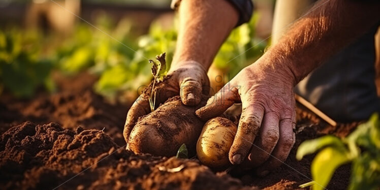 Hands pulling potatoes from the ground - Starpik Stock