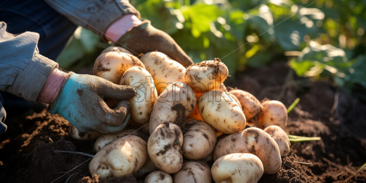 Hands pulling potatoes from the ground - Starpik Stock