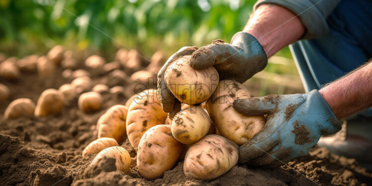 Hands pulling potatoes from the ground - Starpik Stock