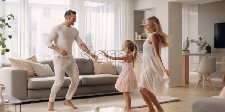 Happy family dancing together at home - Starpik Stock