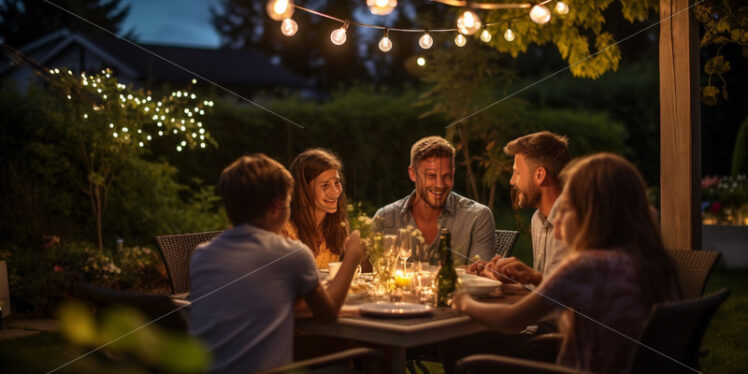 Happy friends taking dinner together outdoors in the backyard - Starpik Stock