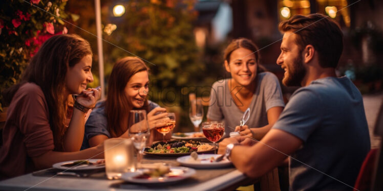 Happy friends taking dinner together outdoors in the backyard - Starpik Stock