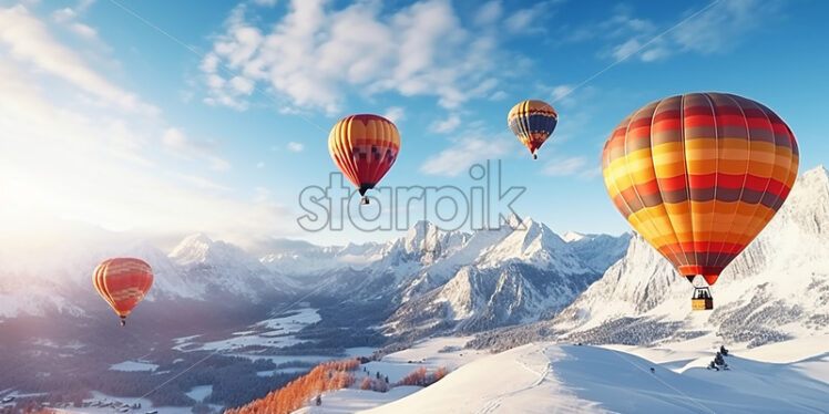 Hot air balloons fly over snowy mountains - Starpik Stock