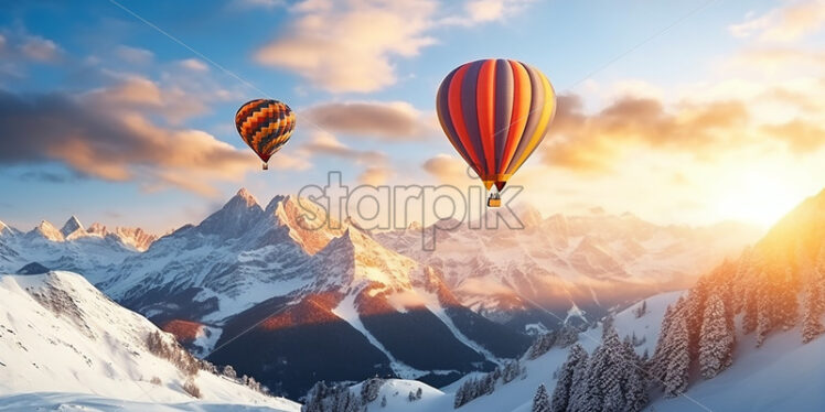 Hot air balloons fly over snowy mountains - Starpik Stock