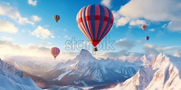 Hot air balloons fly over snowy mountains - Starpik Stock