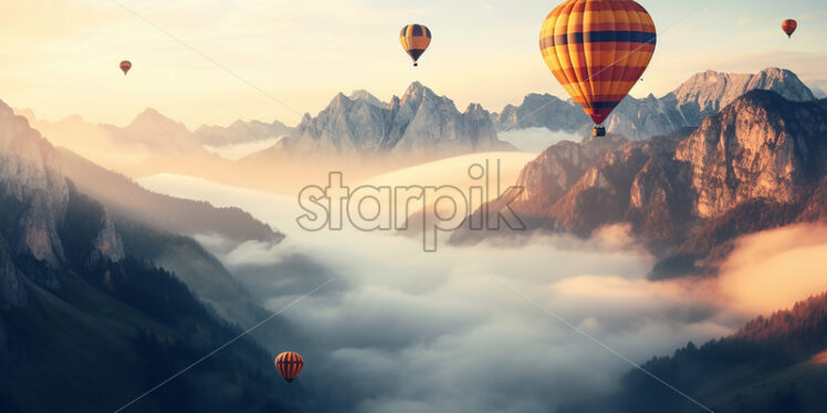 Hot air balloons flying over the mountains - Starpik Stock