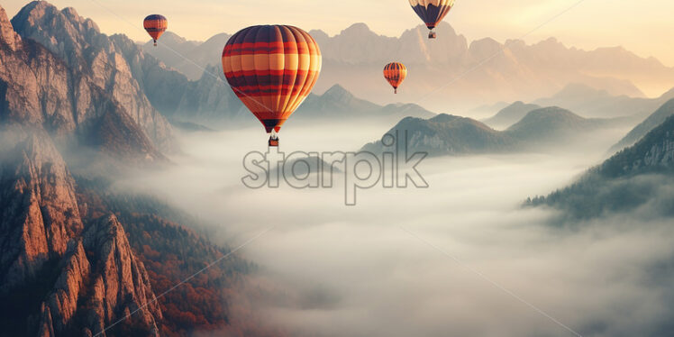 Hot air balloons flying over the mountains - Starpik Stock