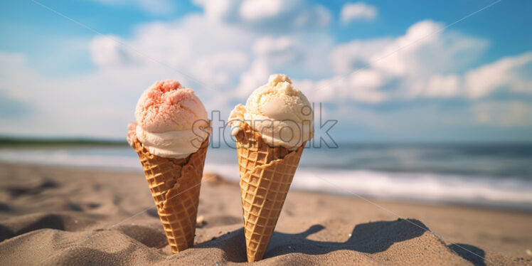 Ice cream in cones on a beach - Starpik Stock