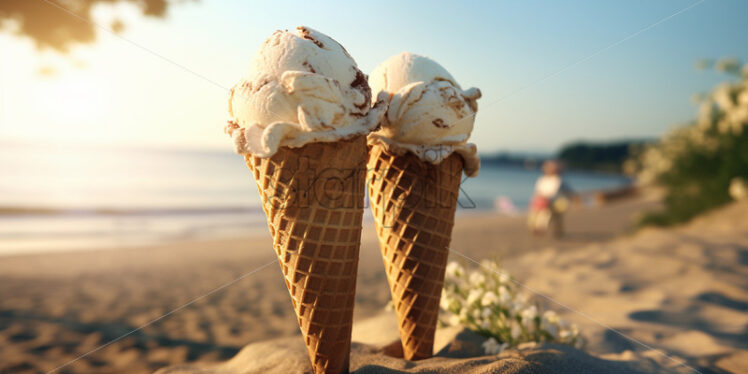 Ice cream in cones on a beach - Starpik Stock