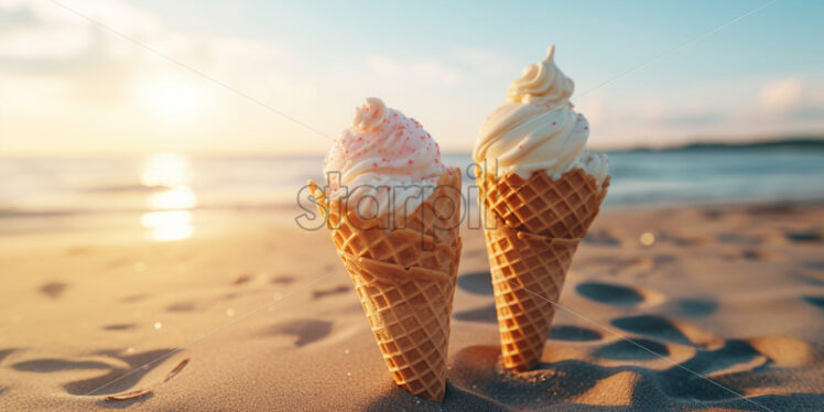 Ice cream in cones on a beach - Starpik Stock