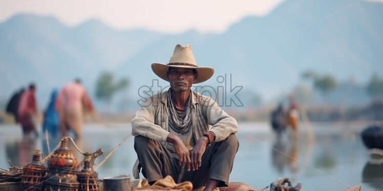 Indian fisherman in the ganges river sitting at the riverside - Starpik Stock