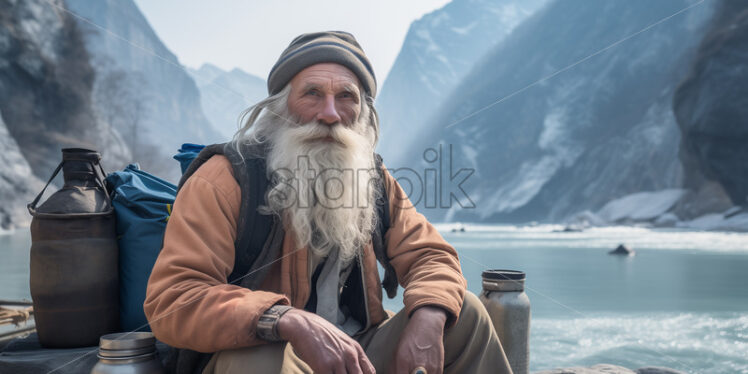 Indian fisherman in the ganges river sitting at the riverside - Starpik Stock