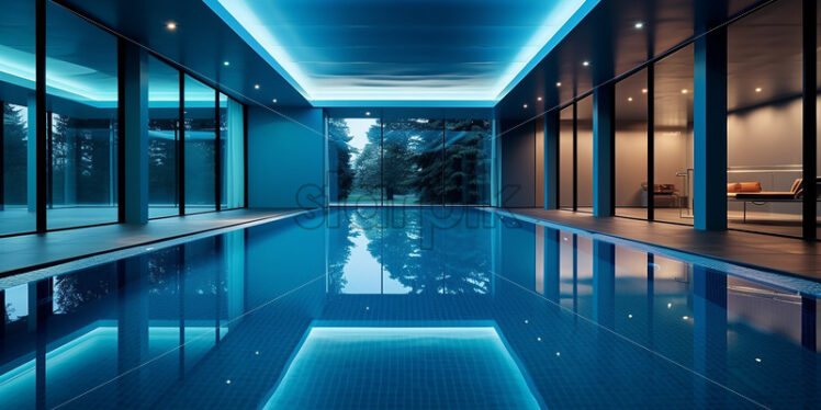 Indoor pool area with a spacious deck and big pool in a cinematic ambience but cozy area - Starpik Stock