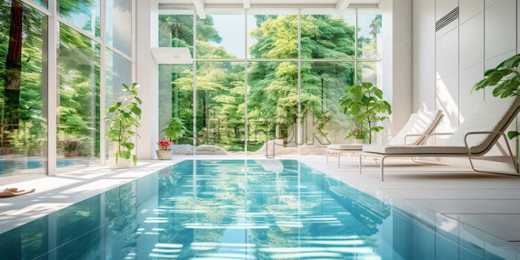 Indoor pool area with a spacious deck, cleaar glass wall that sees big tress outside and big pool in a cinematic ambience but cozy area - Starpik Stock