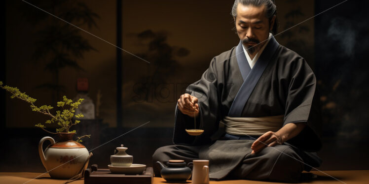 Japanese Man doing a Tea Ceremony his Practitioner in Japan in his house  - Starpik Stock