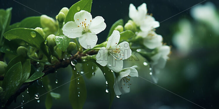 Jasmine flowers on a branch during the rain - Starpik Stock