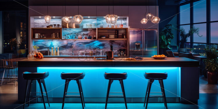 Kitchen with modern bar in neon lights - Starpik Stock