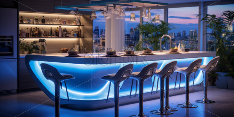 Kitchen with modern bar in neon lights - Starpik Stock