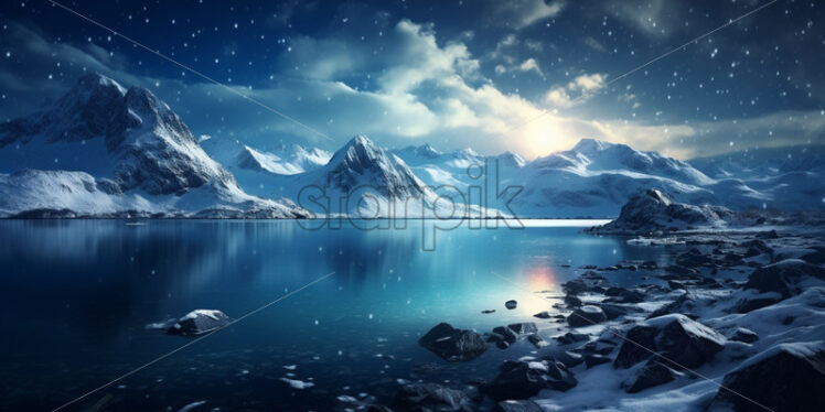 Lake and mountains at night winter background - Starpik Stock