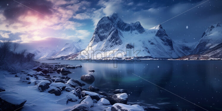 Lake and mountains at night winter background - Starpik Stock