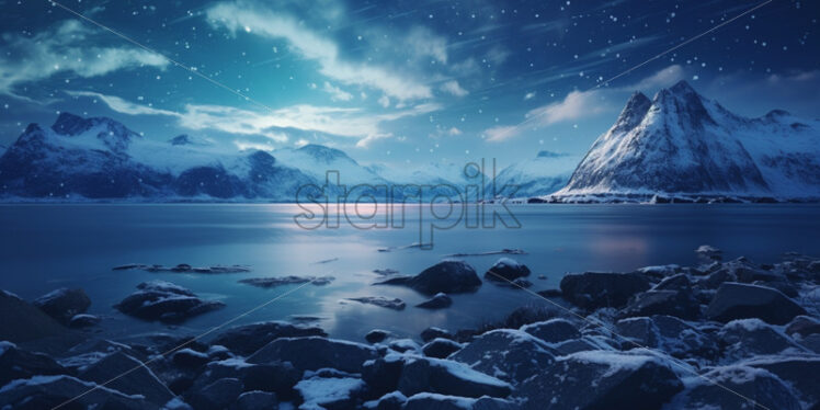 Lake and mountains at night winter background - Starpik Stock